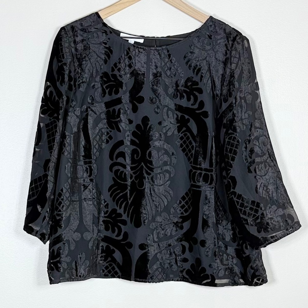 RSVP by Talbots Womens Velvet Burnout Top XLP Black Damask Sheer Sleeve Holiday